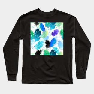 Seamless Pattern with Blue Feathers Long Sleeve T-Shirt